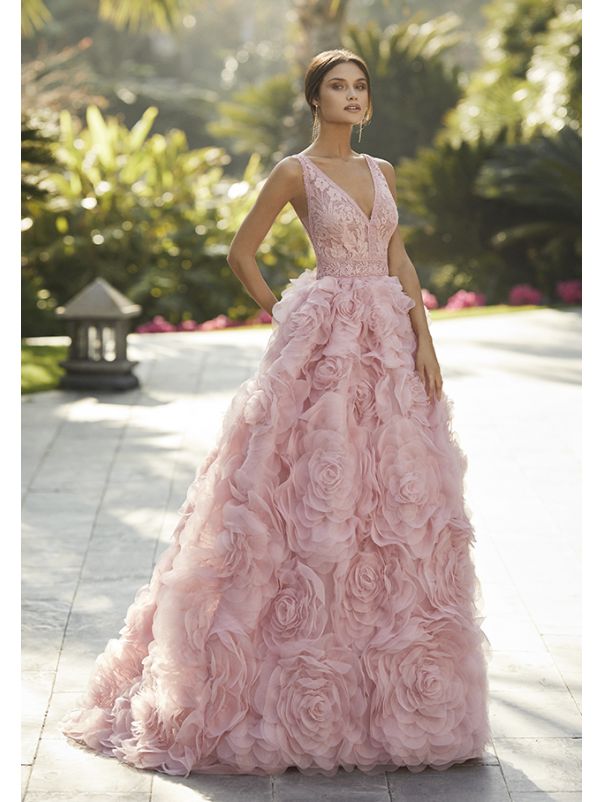 Embroidered Rosette Evening Dress