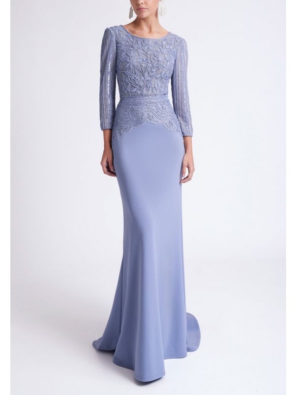 Beaded Backless Crepe Gown