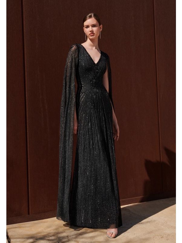 Beaded Cape Sleeve Tulle Gown