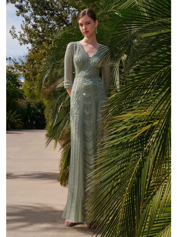 Beaded Keyhole Back Evening Gown
