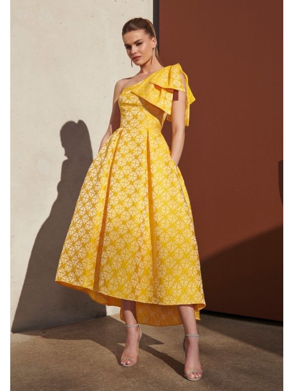 Oversized-Bow One-Shoulder Brocade Gown