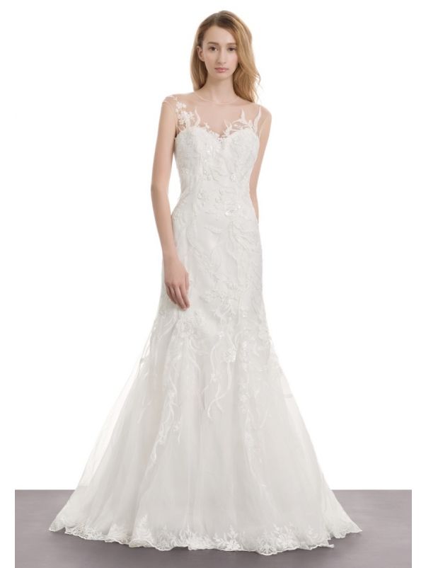 Sequined Flowers Tulle Wedding Dress