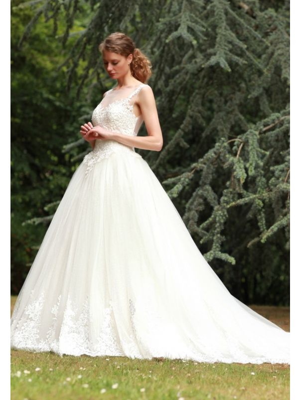Embroidered Tulle Ball Gown With Sheer Back