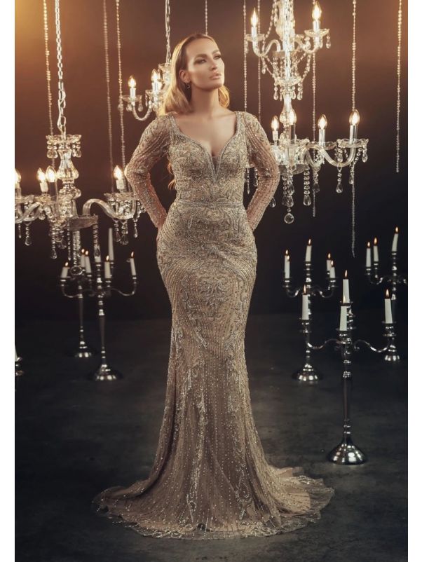 Embellished Long Sleeve Evening Gown