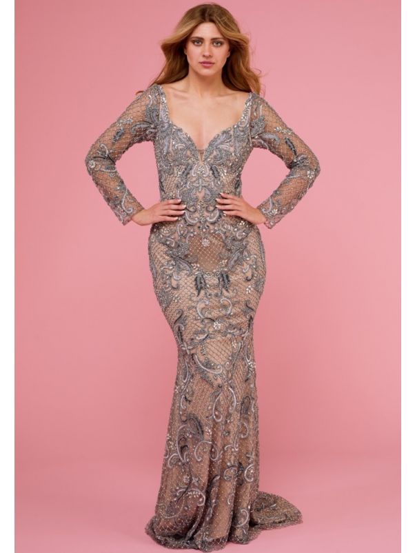 Embellished Long Sleeve Gown