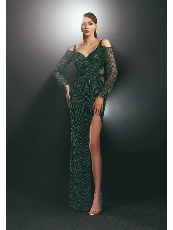 Beaded Long Sleeve Evening Gown