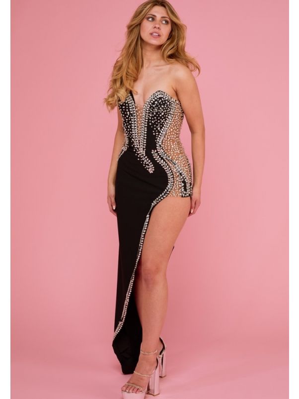 Beaded Black Slit Gown