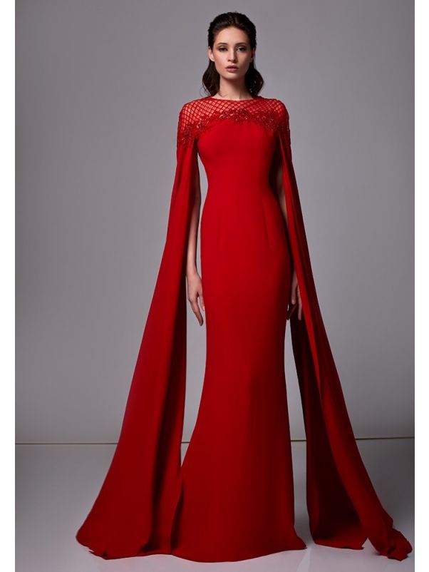 Red Crepe Gown With Cape