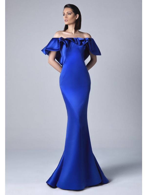 Satin Gown With Ruffle Neckline