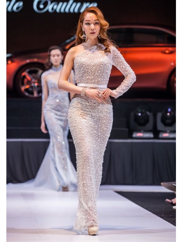 Heavily Beaded One-Shoulder Gown