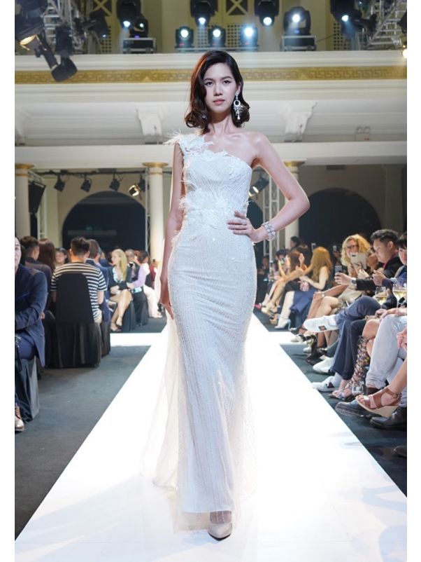 Beaded One-Shoulder Gown