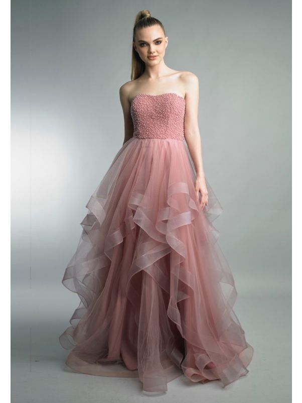 Beaded Ruffle Evening Gown
