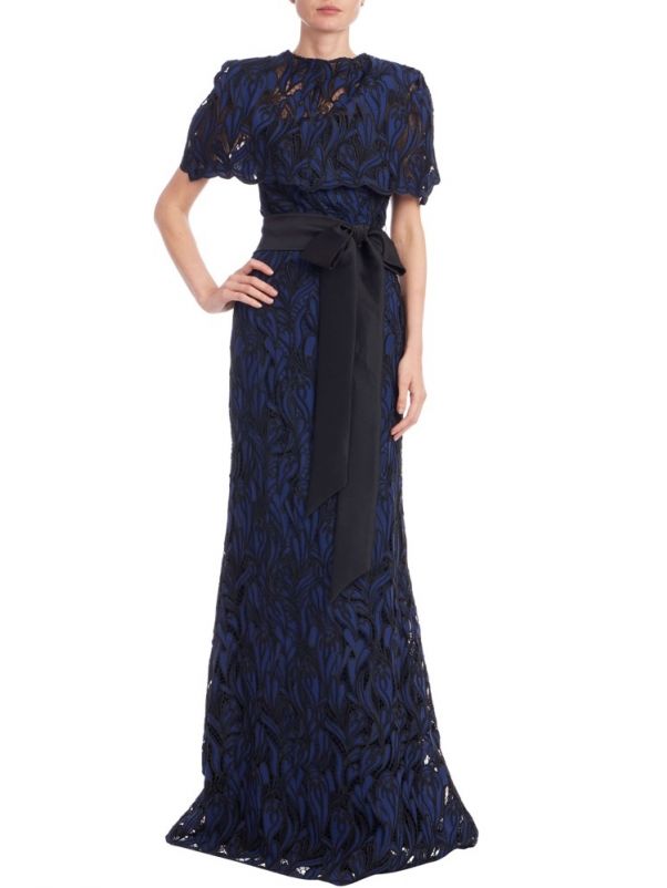 Embroidered Cape Sleeve Gown