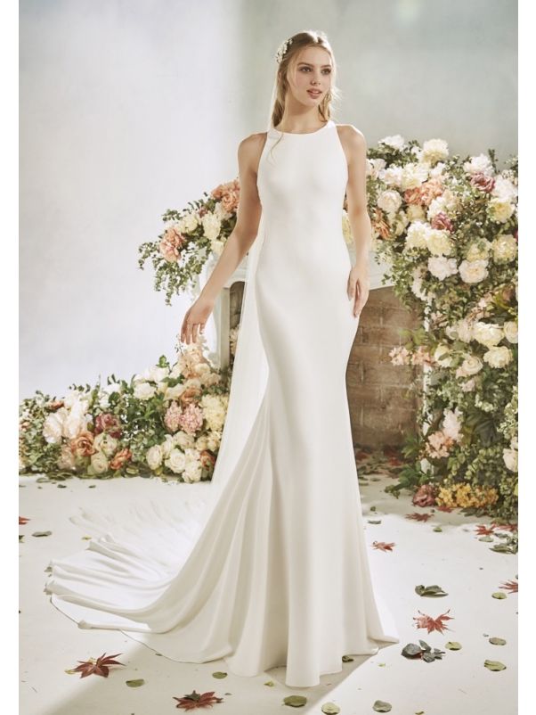 Crepe Wedding Dress with Beaded Sheer Back