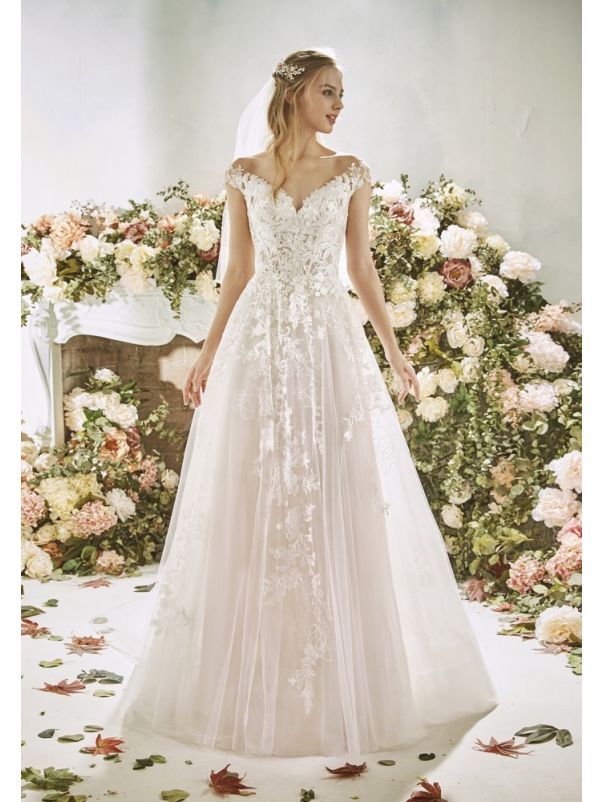 Embroidered Off-Shoulder Tulle Wedding Dress