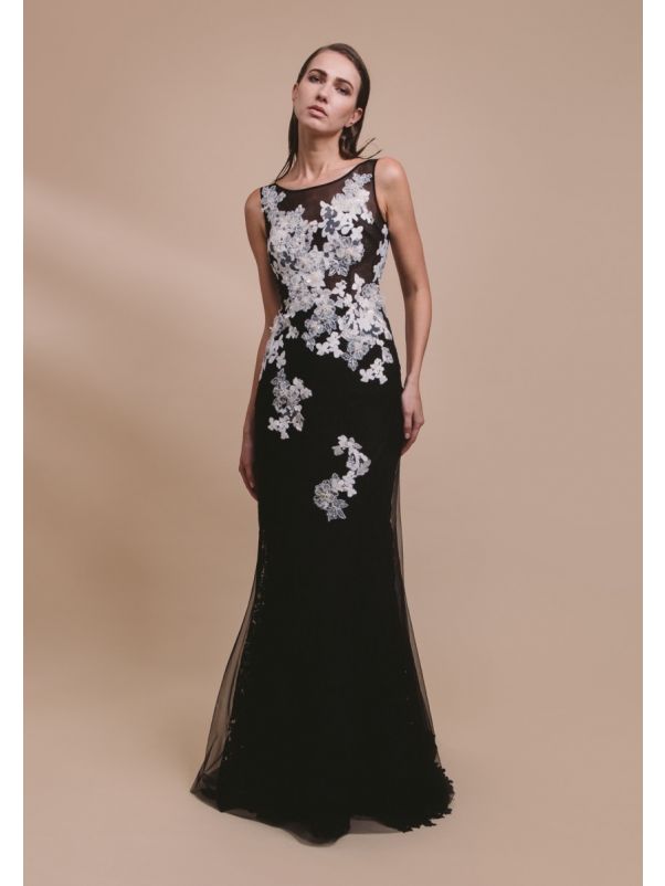 Embroidered Flowers Tulle Evening Dress