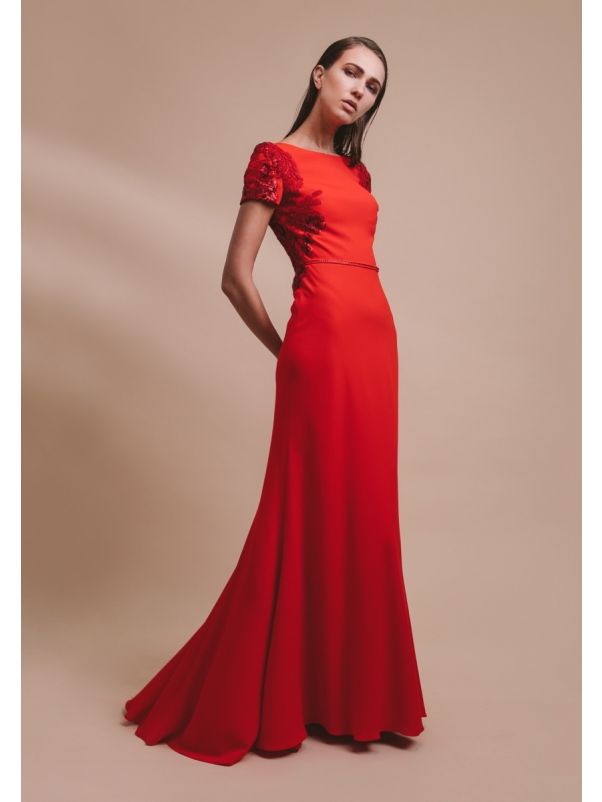 Beaded Crepe Gown With Short Sleeves