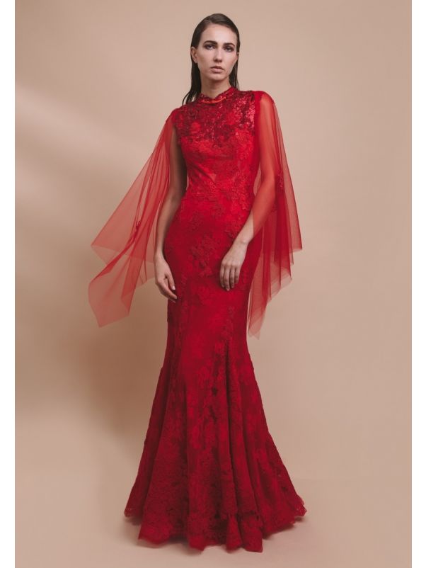 Beaded Lace Gown With Open Back
