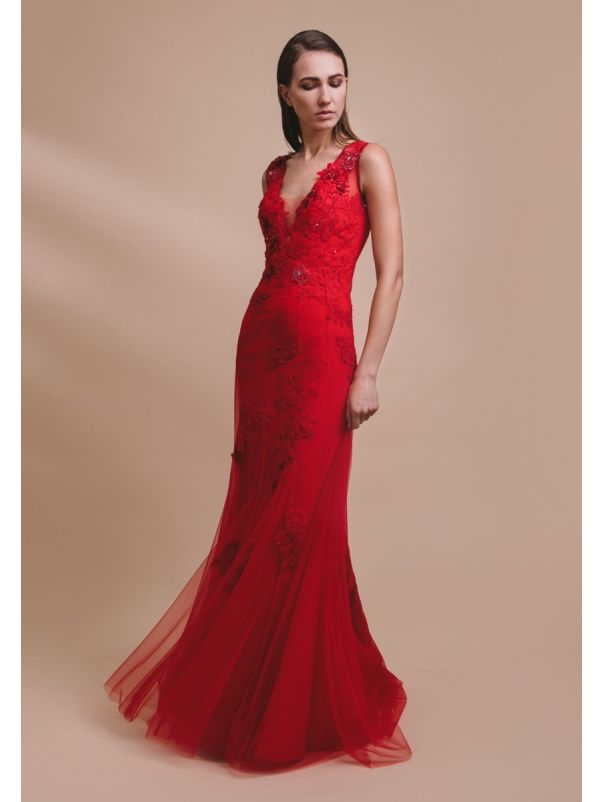Beaded Flowers Tulle Gown