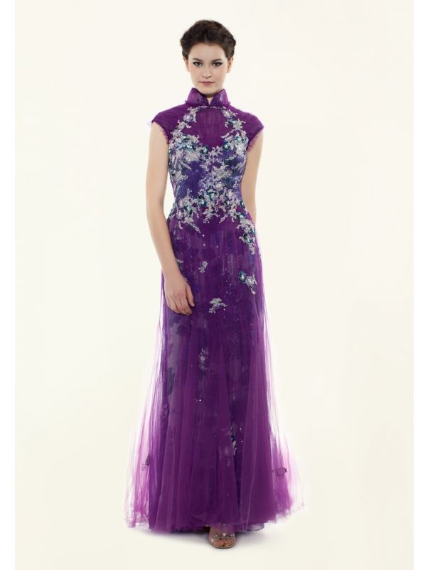 Heavily Beaded Purple Tulle Cheongsam