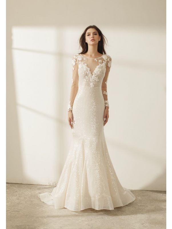 Long Sleeves Sequined Wedding Dress