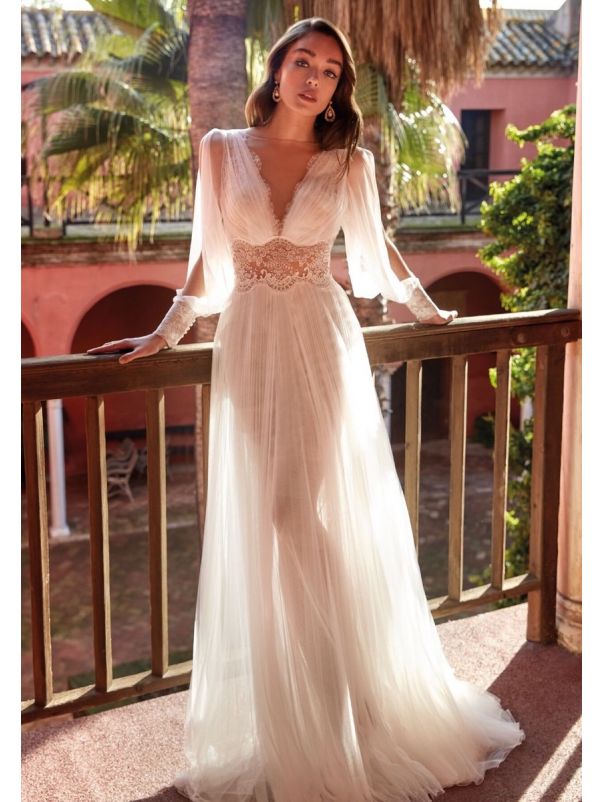 Embroidered Draped Tulle Wedding Dress