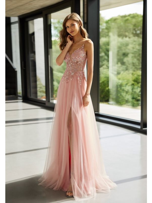 Embroidered Backless Tulle Gown