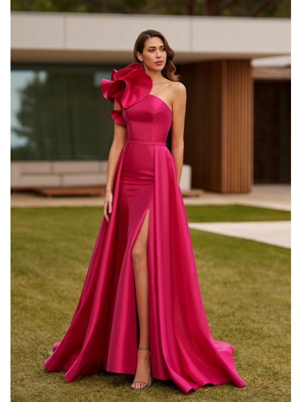 Ruffled Mikado Slit Gown