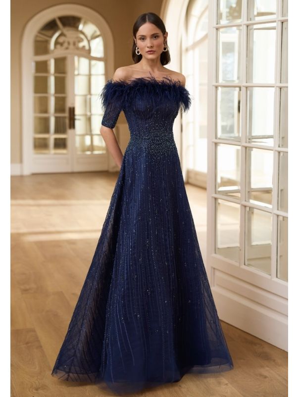 Feather-Detail Beaded Evening Dress