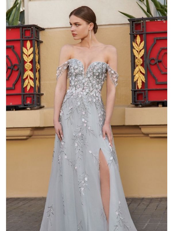 Beaded Floral Tulle Gown