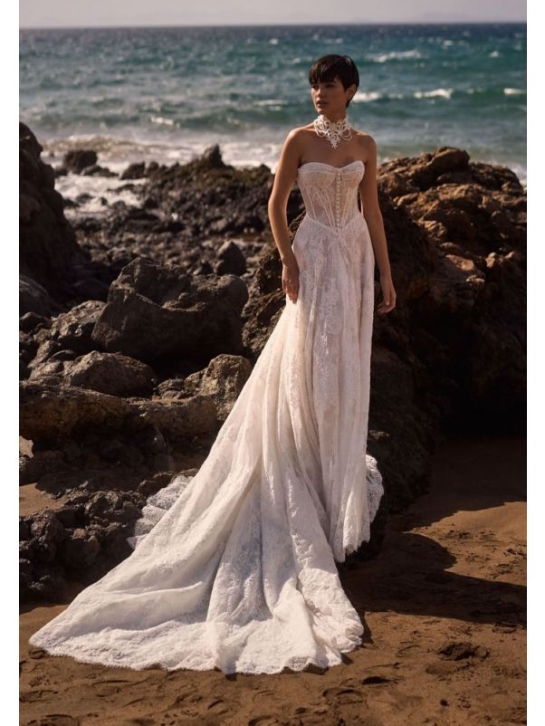 Embroidered Strapless Wedding Dress