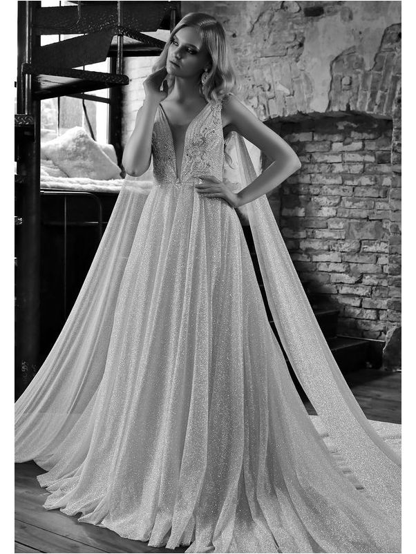 Glitter Tulle Wedding Dress With Cape