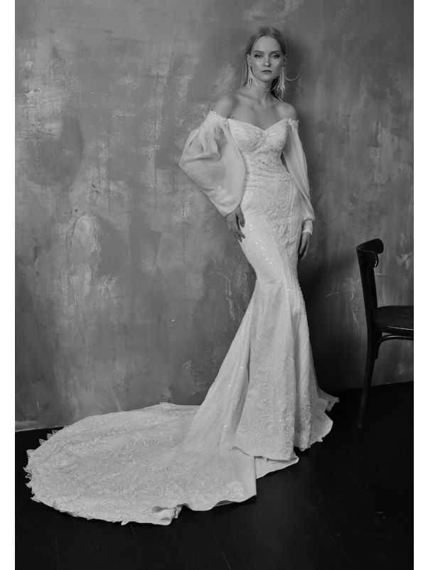 Beaded Wedding Dress With Puffed Sleeves