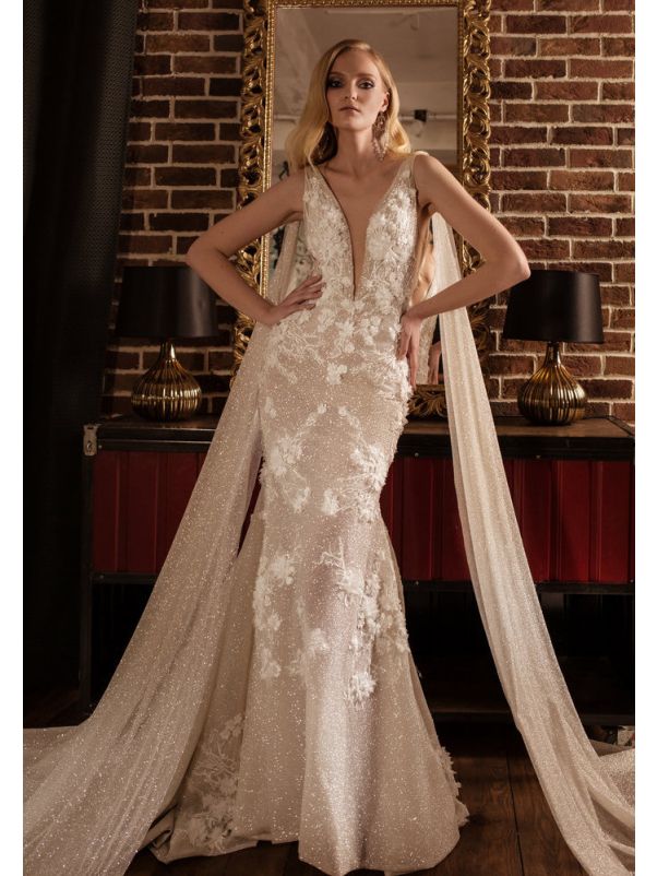 Glitter Tulle Wedding Dress With Cape