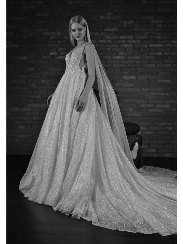 Glitter Tulle Wedding Dress With Cape