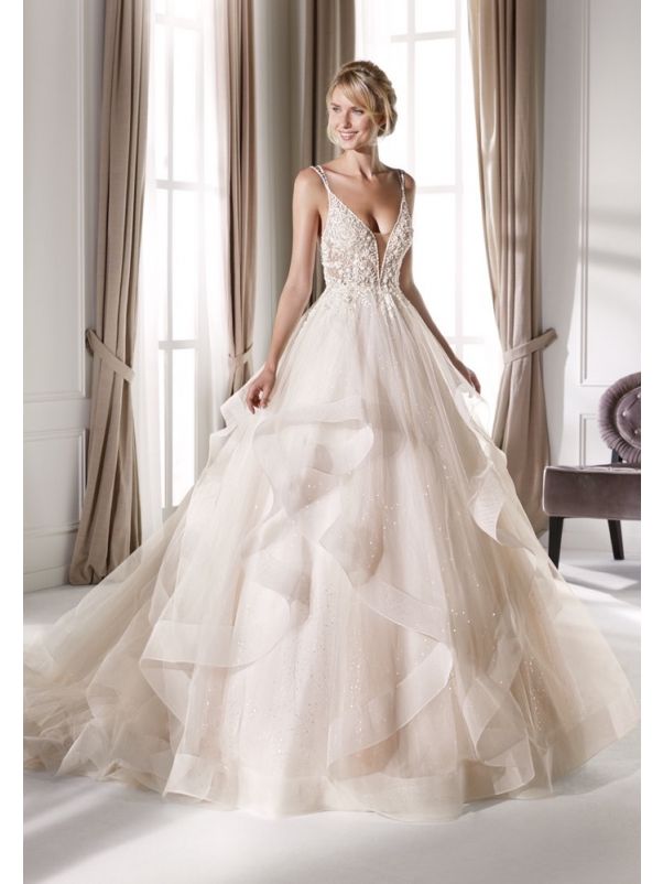 Embellished Ruffle Princess Wedding Dress