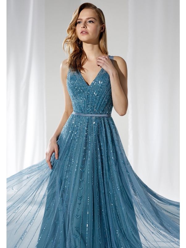Beaded Tulle Gown With Open Back