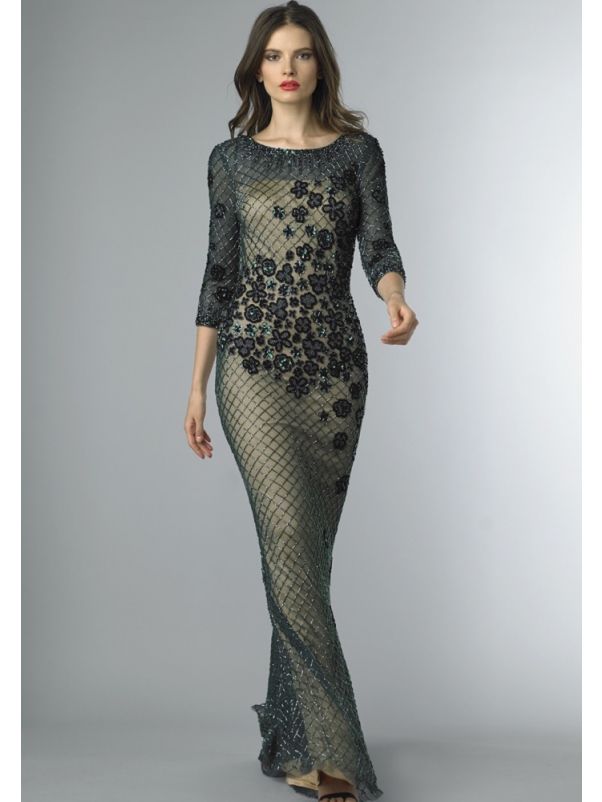 Beaded 3/4 Sleeves Evening Gown