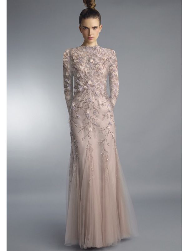 Beaded 3D Flowers Evening Gown