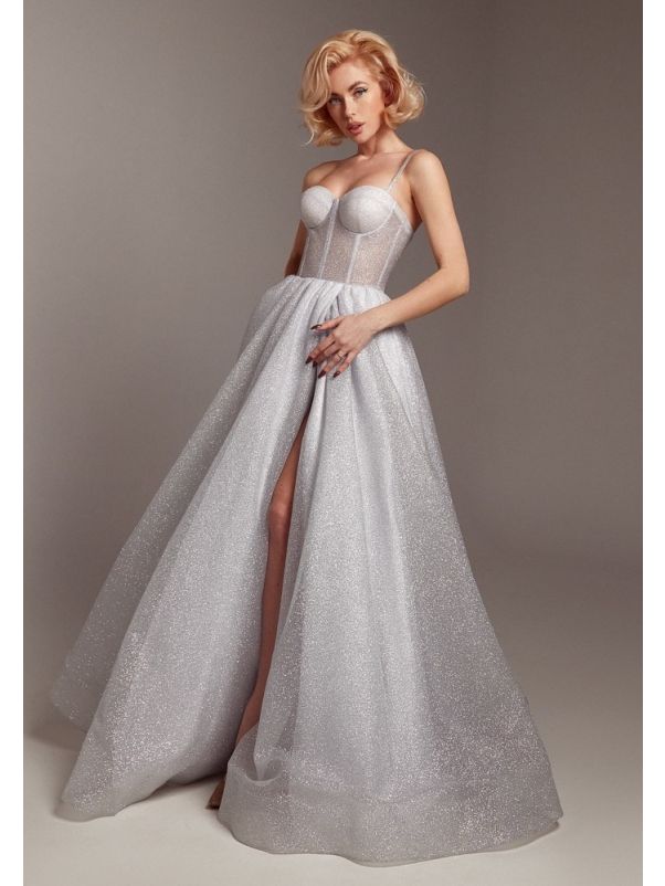 Strappy Glitter Tulle Evening Gown