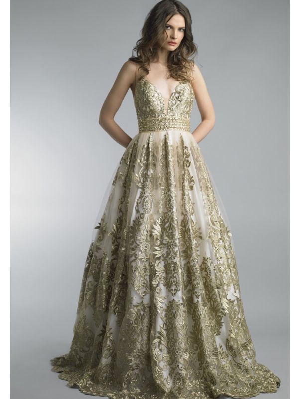 Gold Embroidered Tulle Evening Dress