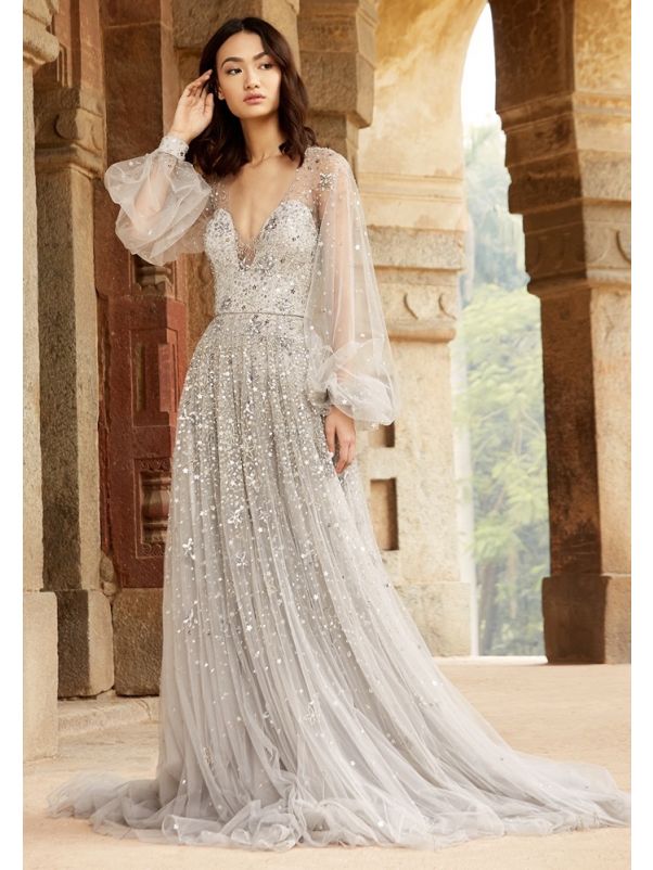 Heavily Beaded Tulle Gown With Sleeves