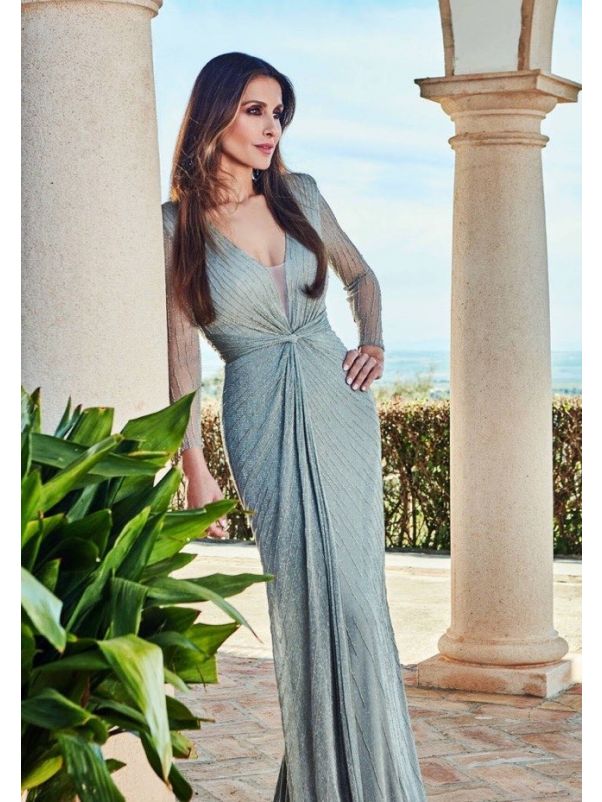 Beaded Long Sleeve Evening Gown