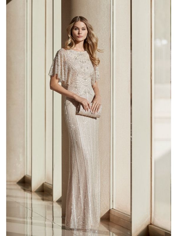 Beaded Beige Gown With Sleeves