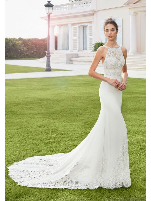 Beaded Crepe Wedding Dress With Open Back