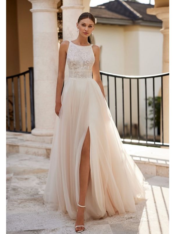 Embroidered Backless Tulle Wedding Dress