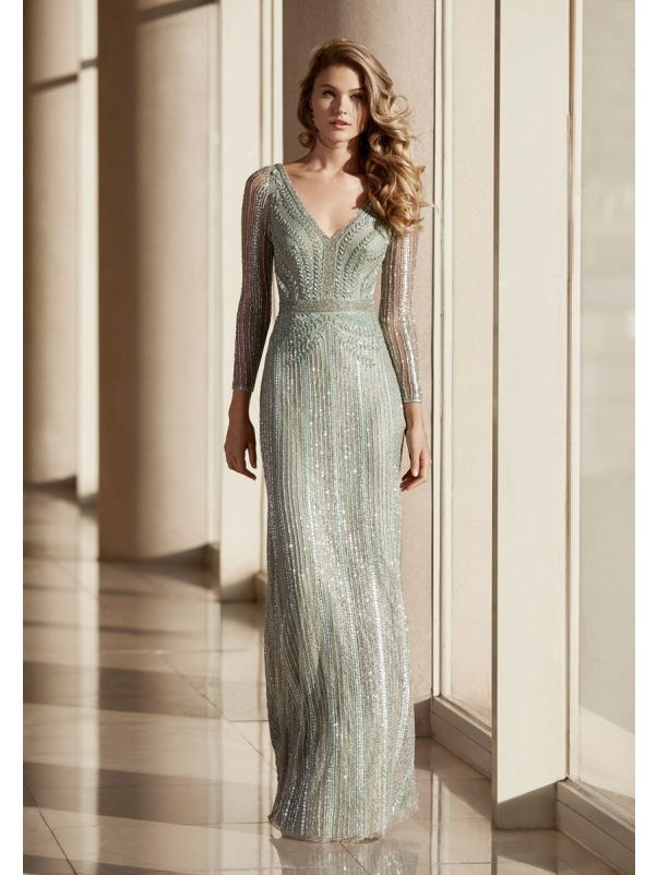 Heavily Beaded Long Sleeves Tulle Gown
