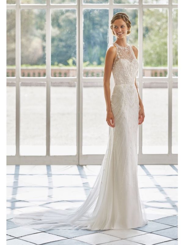 Sheer Back Column Wedding Dress
