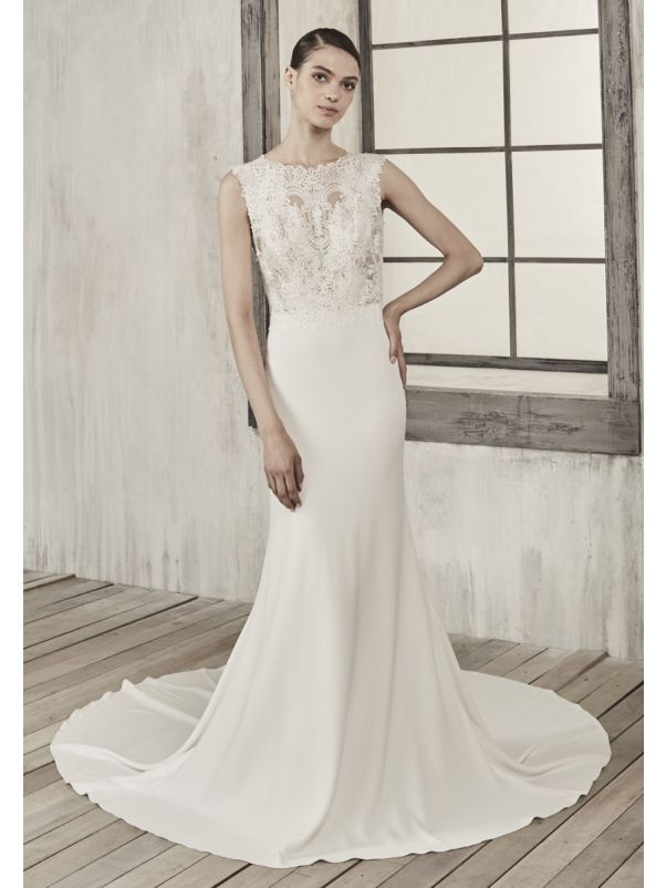 Embroidered Crepe Wedding Dress With Plunging Back