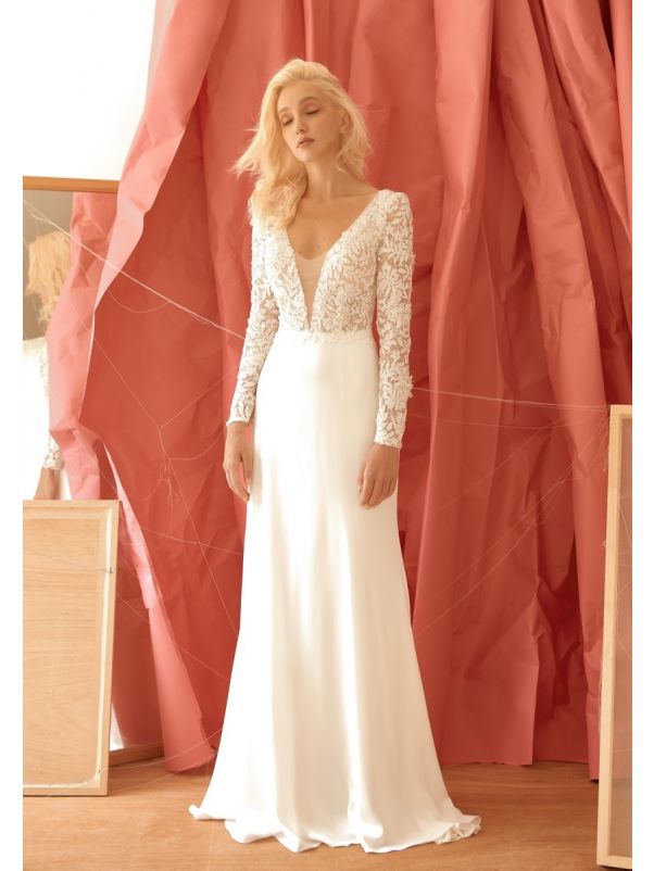 Beaded Long Sleeves Crepe Wedding Dress